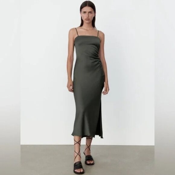 Zara Dresses & Skirts - Zara Olive Midi Satin Dress